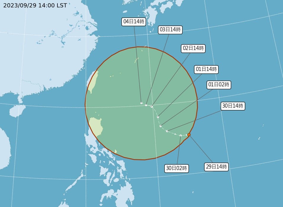 中央氣象署表示，熱帶性低氣壓預計24小時內會生成為今年第14號颱風小犬。（圖／截自中央氣象署）
