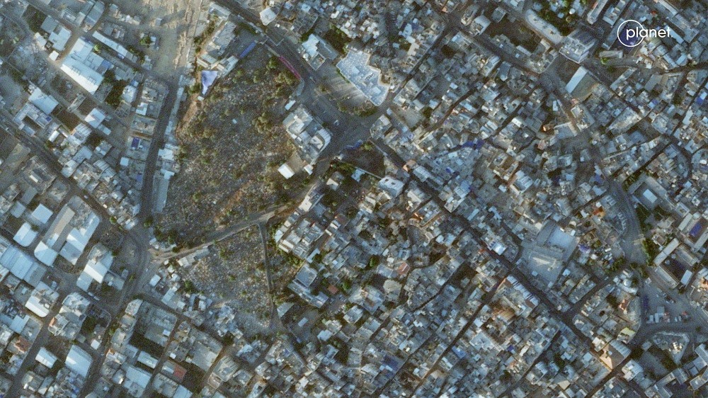 加薩走廊阿里阿拉伯醫院（Al-Ahli al-Arabi Hospital）爆炸後鳥瞰圖（圖／路透社PLANET LABS PBC）
