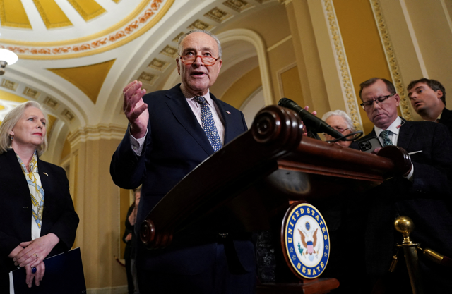 Senate Majority Leader Chuck Schumer (D-NY) speaks to reporters at the Capitol in Washington, U.S., October 31, 2023. REUTERS/Kevin Lamarque
