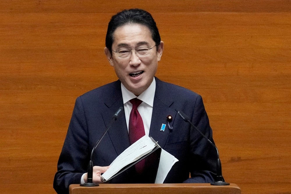 Japan Prime Minister Fumio Kishida delivers his speech at the House of Representative in Quezon City, Philippines, November 4, 2023. Aaron Favila/POOL...