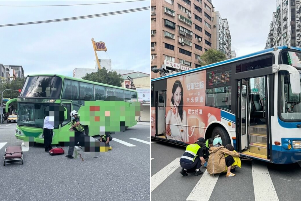 Workers help a man in Hualien (left) and a woman in New Taipei (right) who were both hit by buses on Saturday. (Taiwan News, CNA photos)
