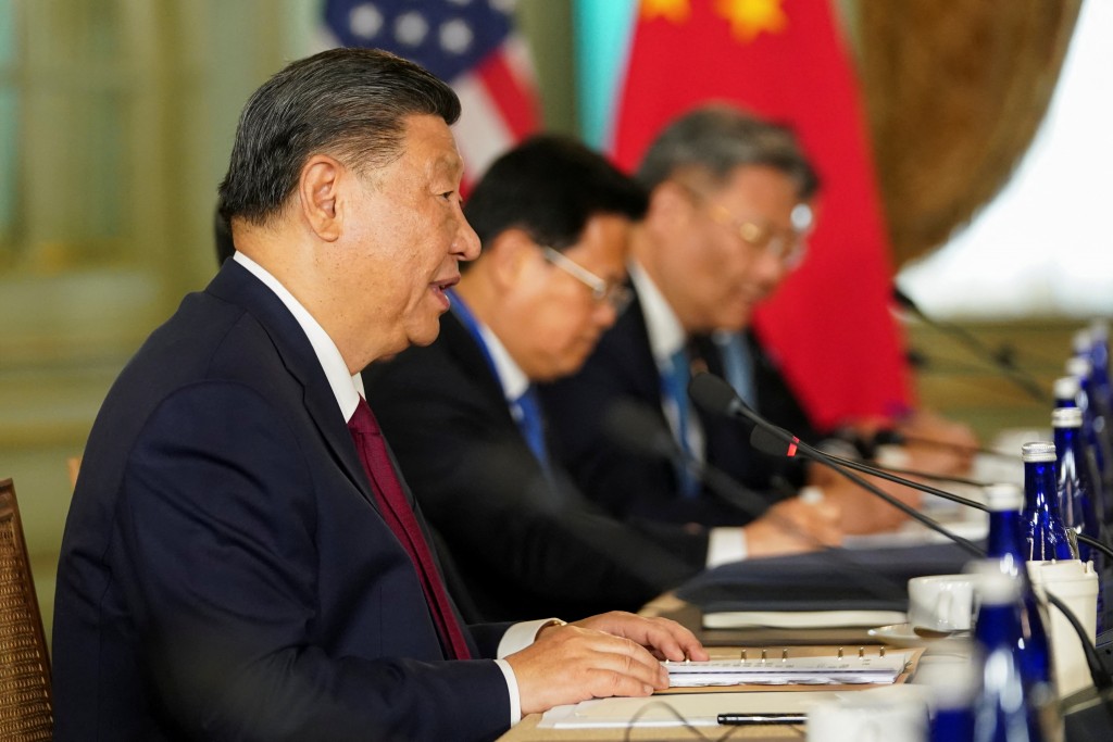 Chinese leader Xi Jinping speaks during bilateral meeting with U.S. President Joe Biden at Filoli estate on sidelines of APEC summit. (...