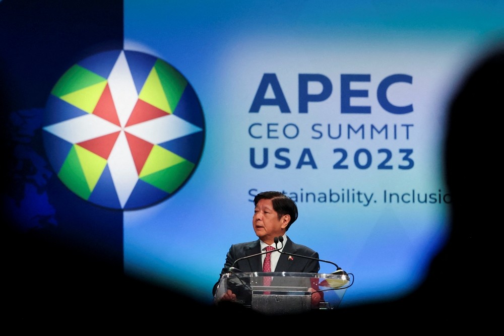 Ferdinand Marcos Jr. President of the Philippines speaks at the Asia-Pacific Economic Cooperation (APEC) CEO Summit in San Francisco, Califo...