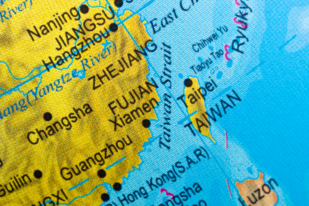 A close up shot of a map shows the Taiwan Strait. (Canva, Getty Images photo)
