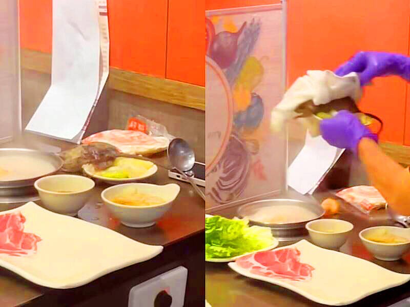 Rat lands on plate (left), staff covers it with towel while picking it up. (Facebook, I am a Banqiao Resident images)

