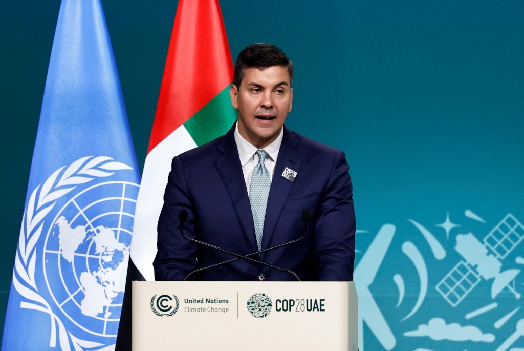 Paraguay's President Santiago Pena delivers a national statement at the World Climate Action Summit during the United Nations Climate Change Confe...