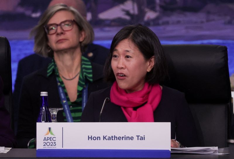 圖為美國貿易代表戴琪 ( Katherine Tai )檔案照片, 攝於2023年11月14日的舊金山APEC部長級會...