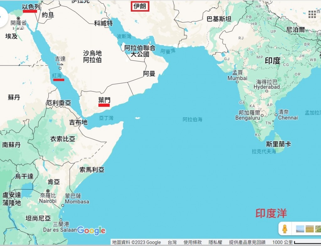 美國與其盟國持續將伊朗視為區域穩定最大變數(原圖: google map; 紅色標示為TN後製) 
