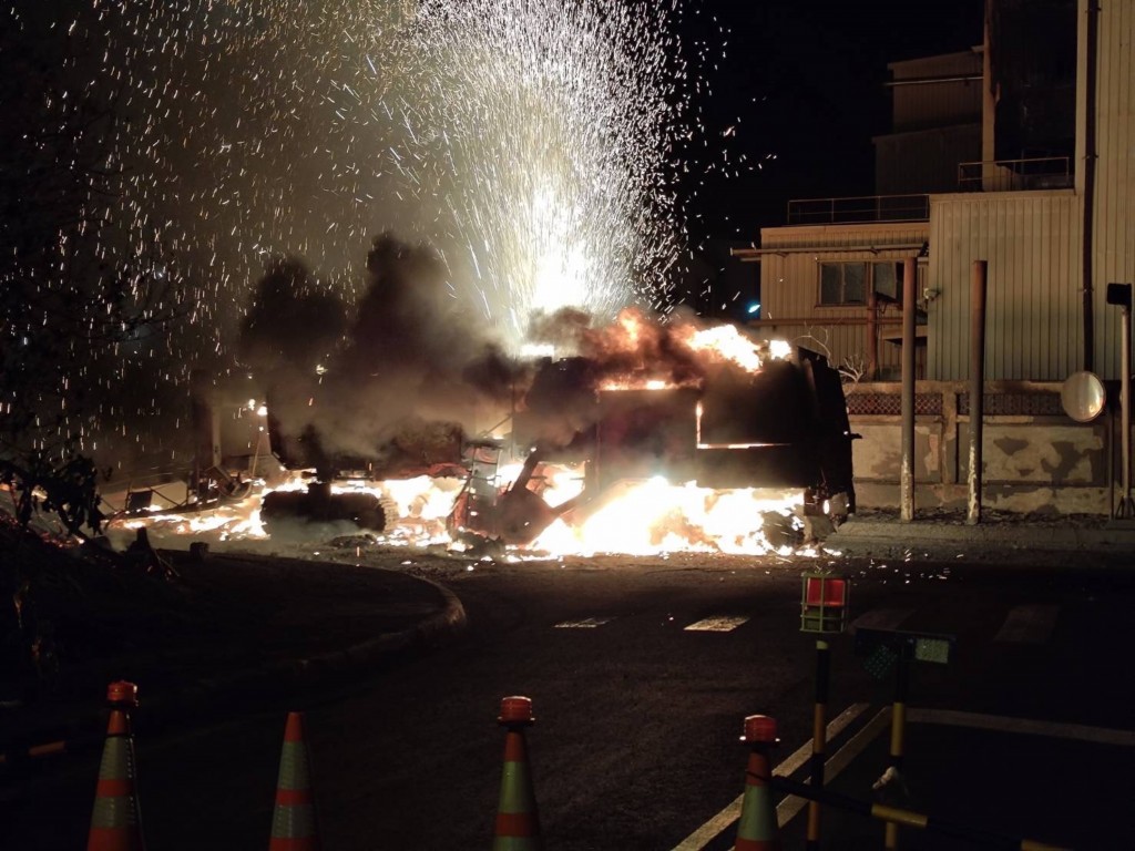 Road paver catches fire after hitting gas pipeline. (CNA photo)

