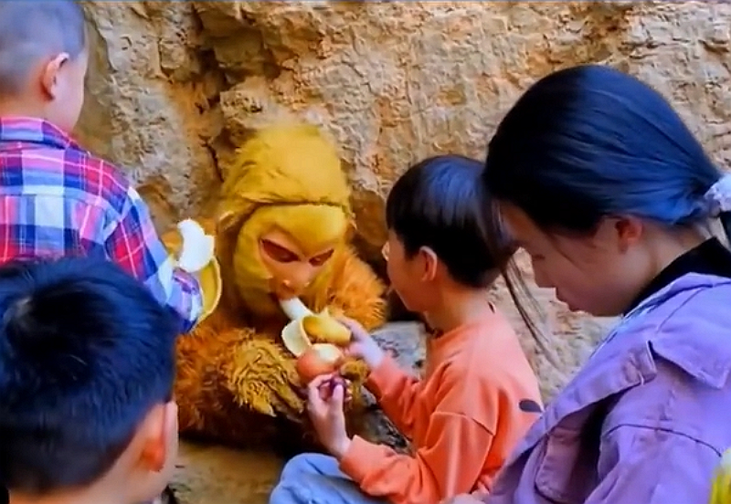 中國五指山景區遊客餵食孫悟空。（圖／截自微博影片）
