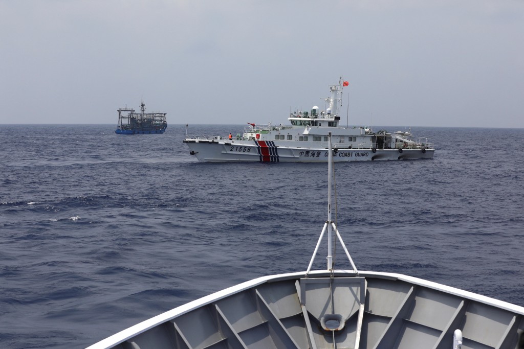 Chinese Coast Guard vessel blocks Philippines Coast Guard ship on Oct. 4, 2023. (Reuters photo) 
