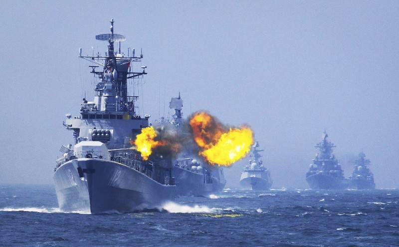 China's Harbin guided-missile destroyer conducts live fire exercises during a naval drill in 2014. (China Ministry of Defense photo)
