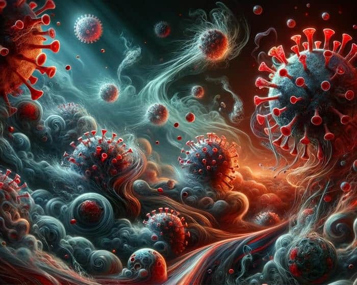 Illustration of multiple viruses in a fluid turbulent environment interacting with human cells. (Computational Biophysics Group - Auburn University im...