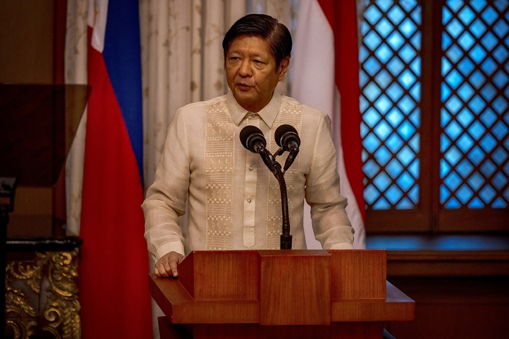 Philippine President Ferdinand Marcos Jr. delivers a joint statement during the visit of&n...