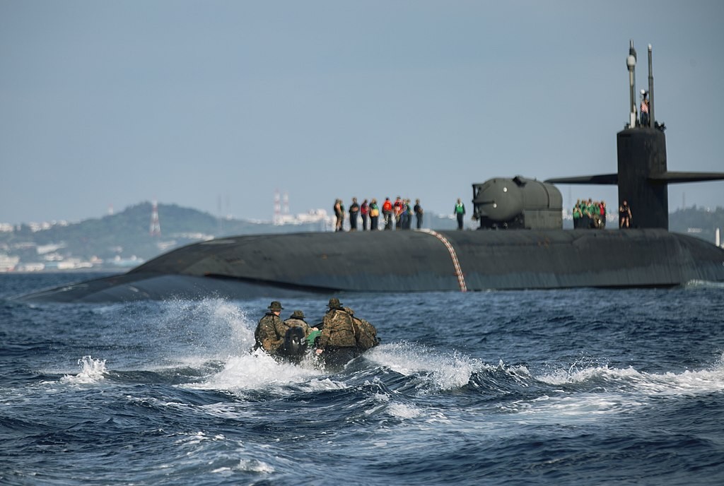 U.S. Marines from the Third Marine Expeditionary Force conduct exercise with USS Ohio Submarine in Okinawa Prefecture, 2021. 
